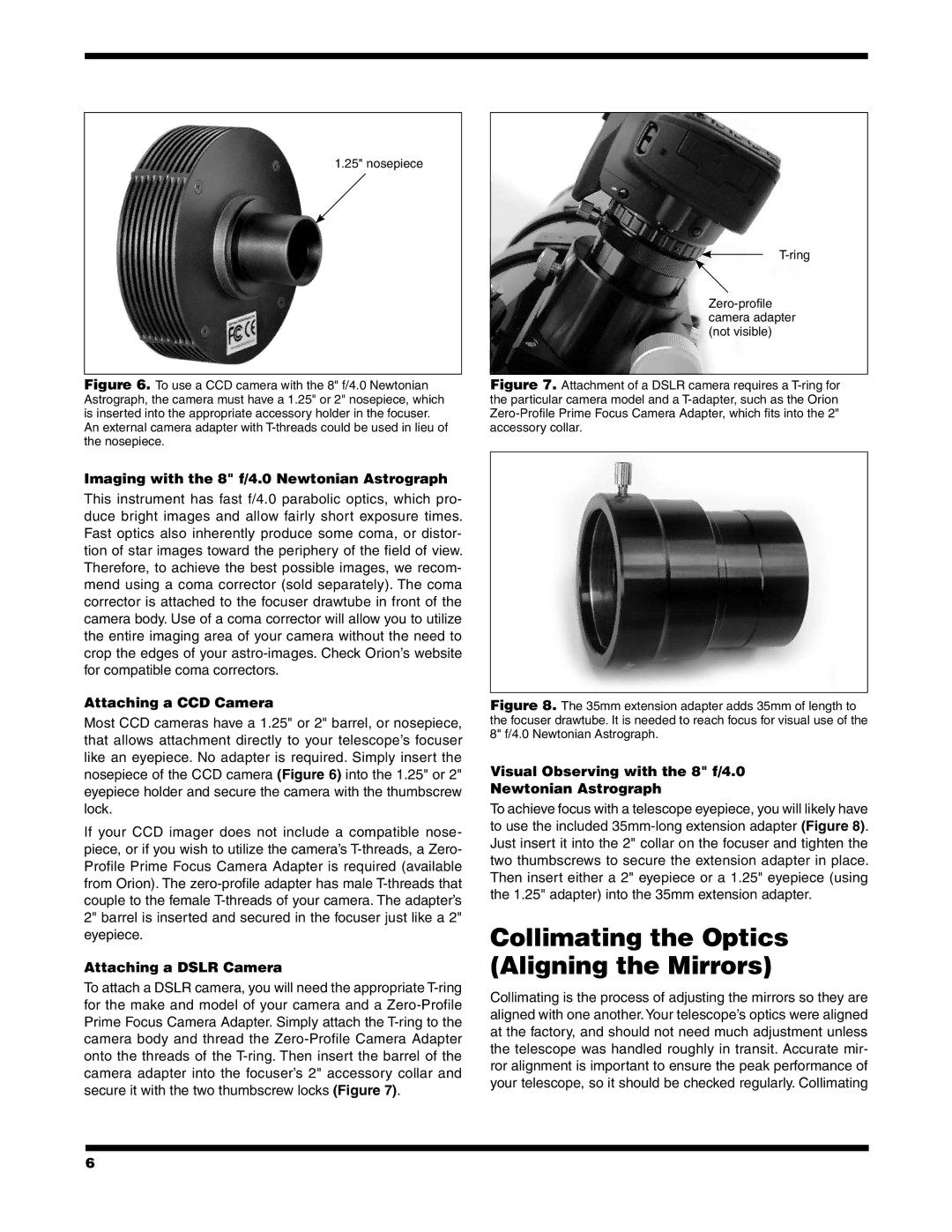 Orion 9527 instruction manual Collimating the Optics Aligning the Mirrors, Imaging with the 8 f/4.0 Newtonian Astrograph 