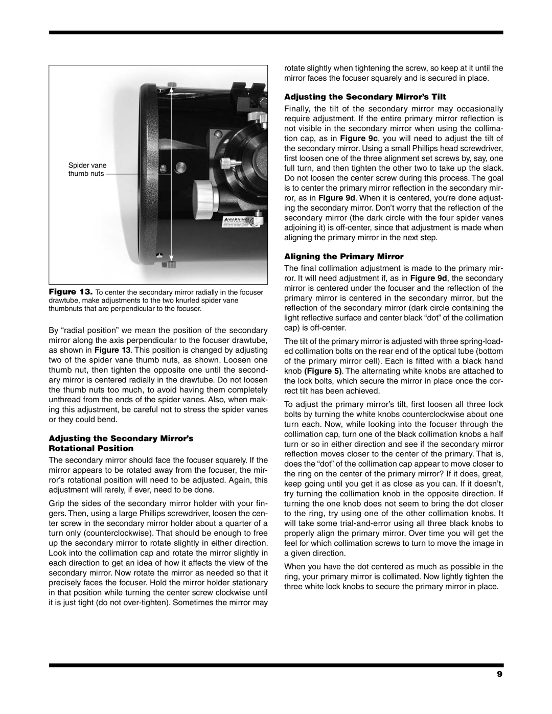 Orion 9527 instruction manual Adjusting the Secondary Mirror’s Rotational Position, Adjusting the Secondary Mirror’s Tilt 