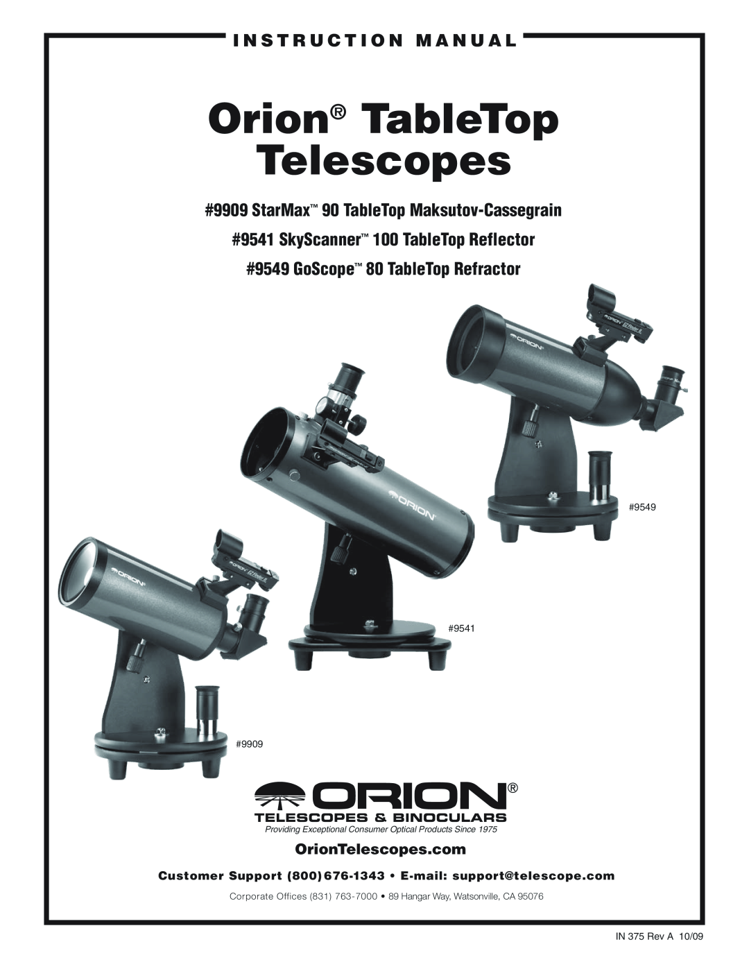 Orion 9541, 9549 instruction manual i n s t r u c t i o n M a n u a l, #9909 StarMax 90 TableTop Maksutov-Cassegrain 