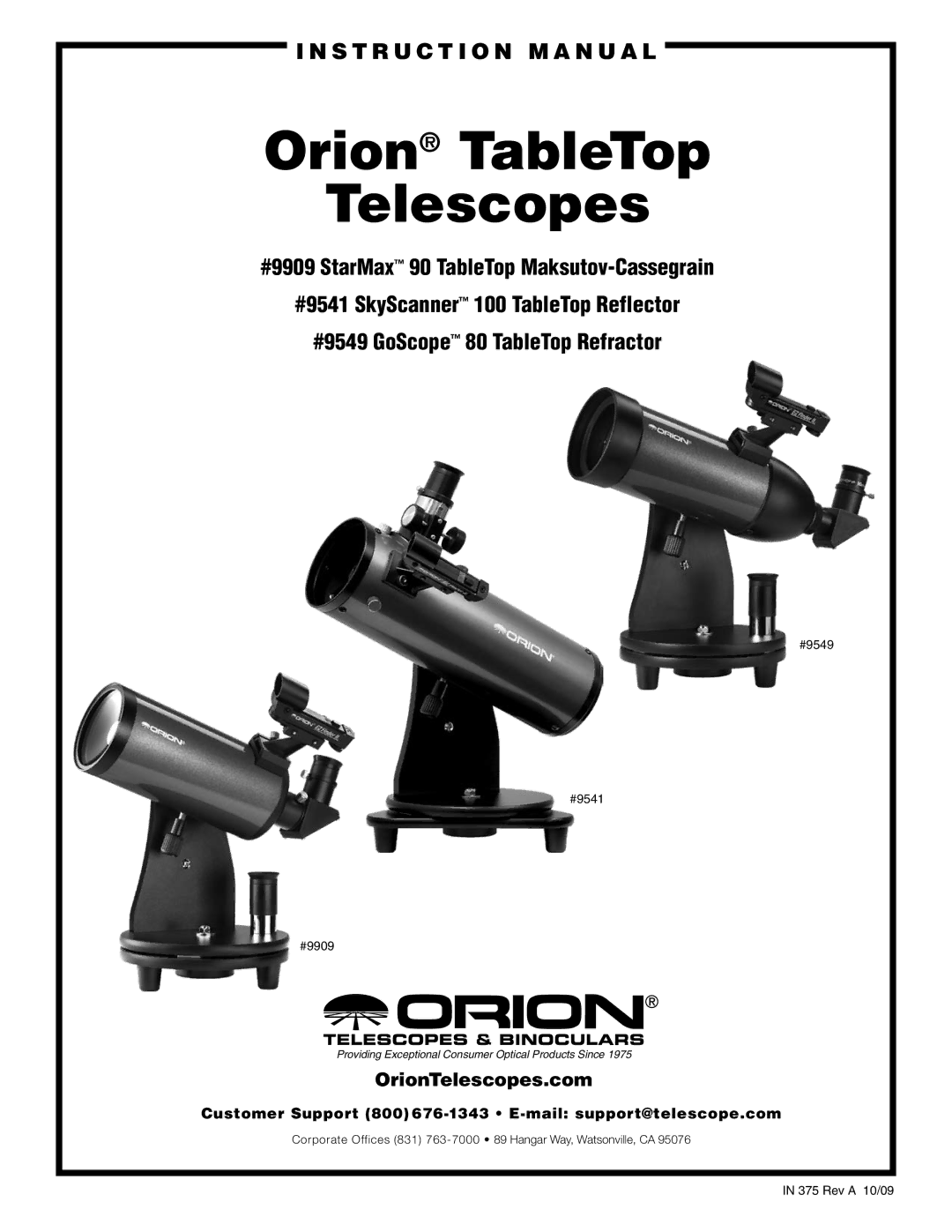 Orion 9541, 9549, 9909 instruction manual Orion TableTop Telescopes 