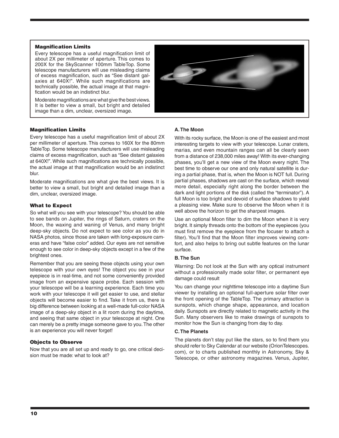 Orion 9541, 9549, 9909 instruction manual Magnification Limits, What to Expect, Objects to Observe, Moon, Sun, Planets 