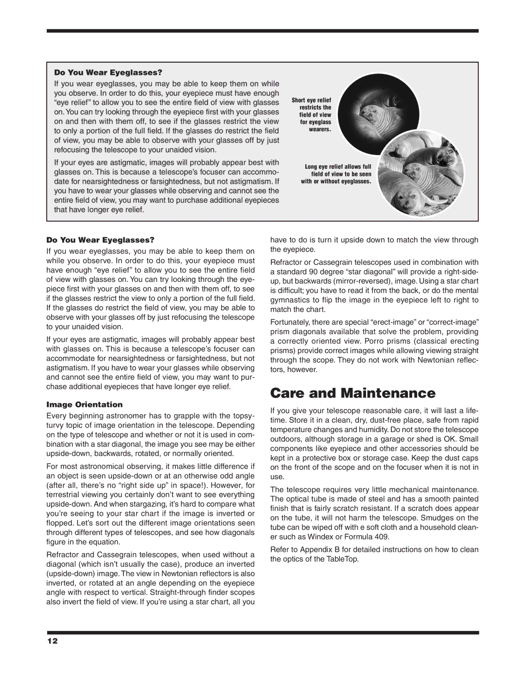 Orion 9549, 9541, 9909 instruction manual Care and Maintenance, Do You Wear Eyeglasses?, Image Orientation 