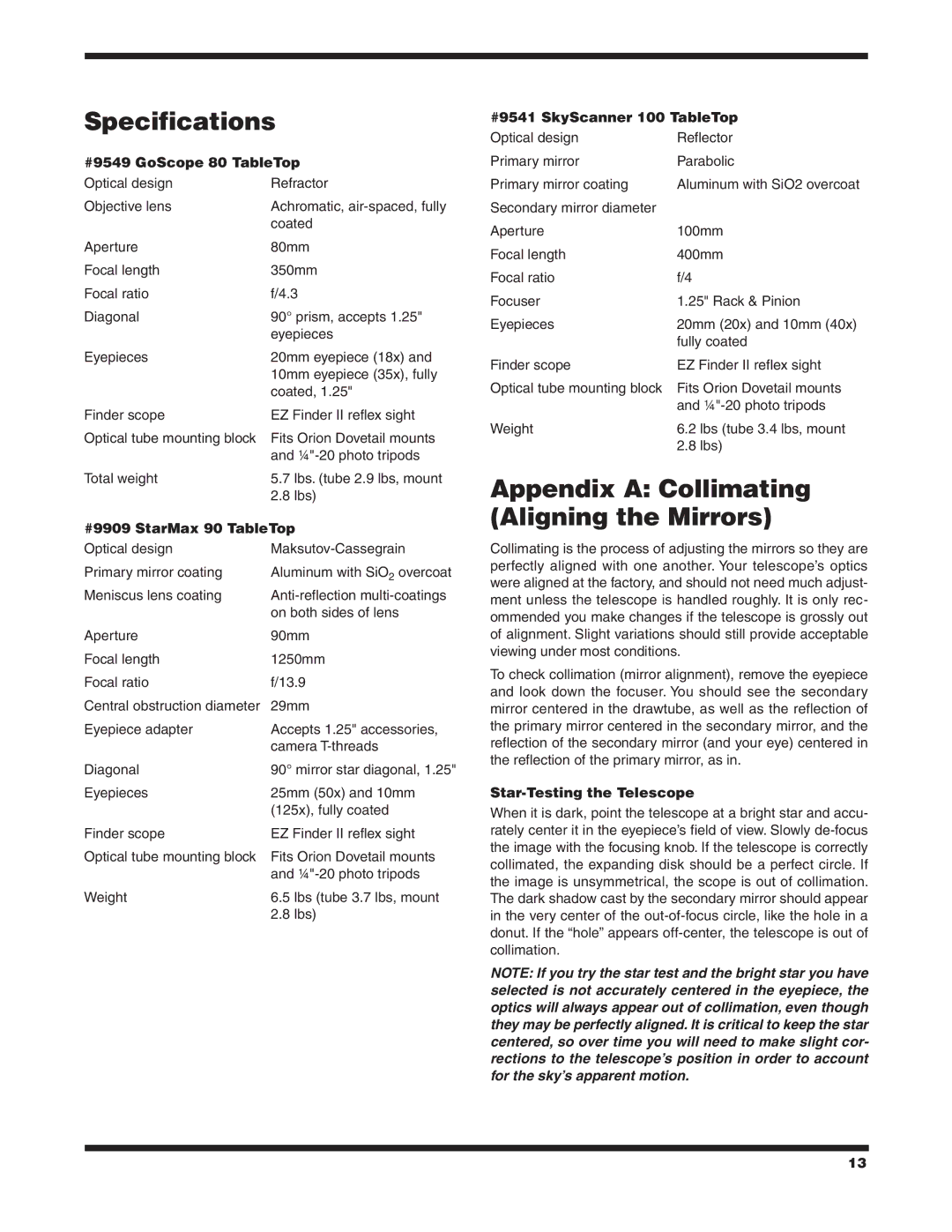 Orion 9541, 9549, 9909 instruction manual Specifications, Appendix a Collimating Aligning the Mirrors 