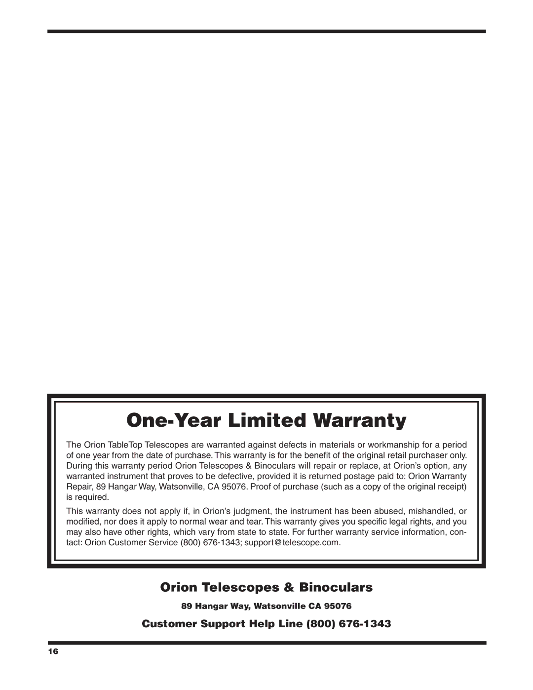 Orion 9541, 9549, 9909 instruction manual One-Year Limited Warranty 