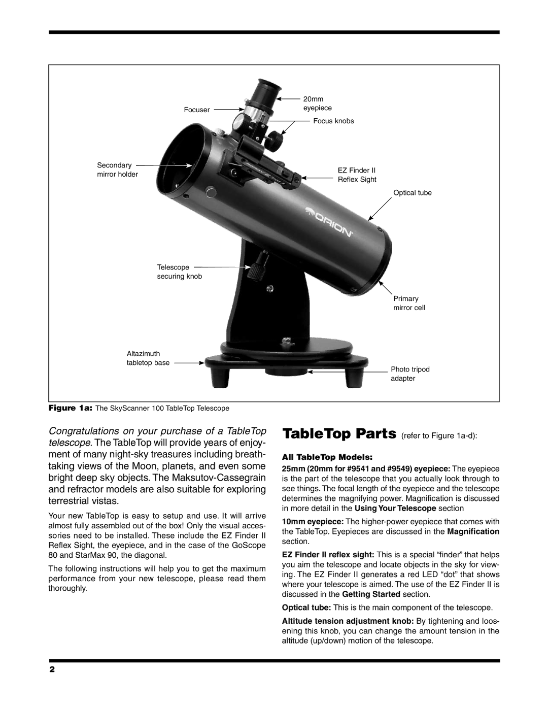 Orion 9909, 9549, 9541 instruction manual All TableTop Models, SkyScanner 100 TableTop Telescope 