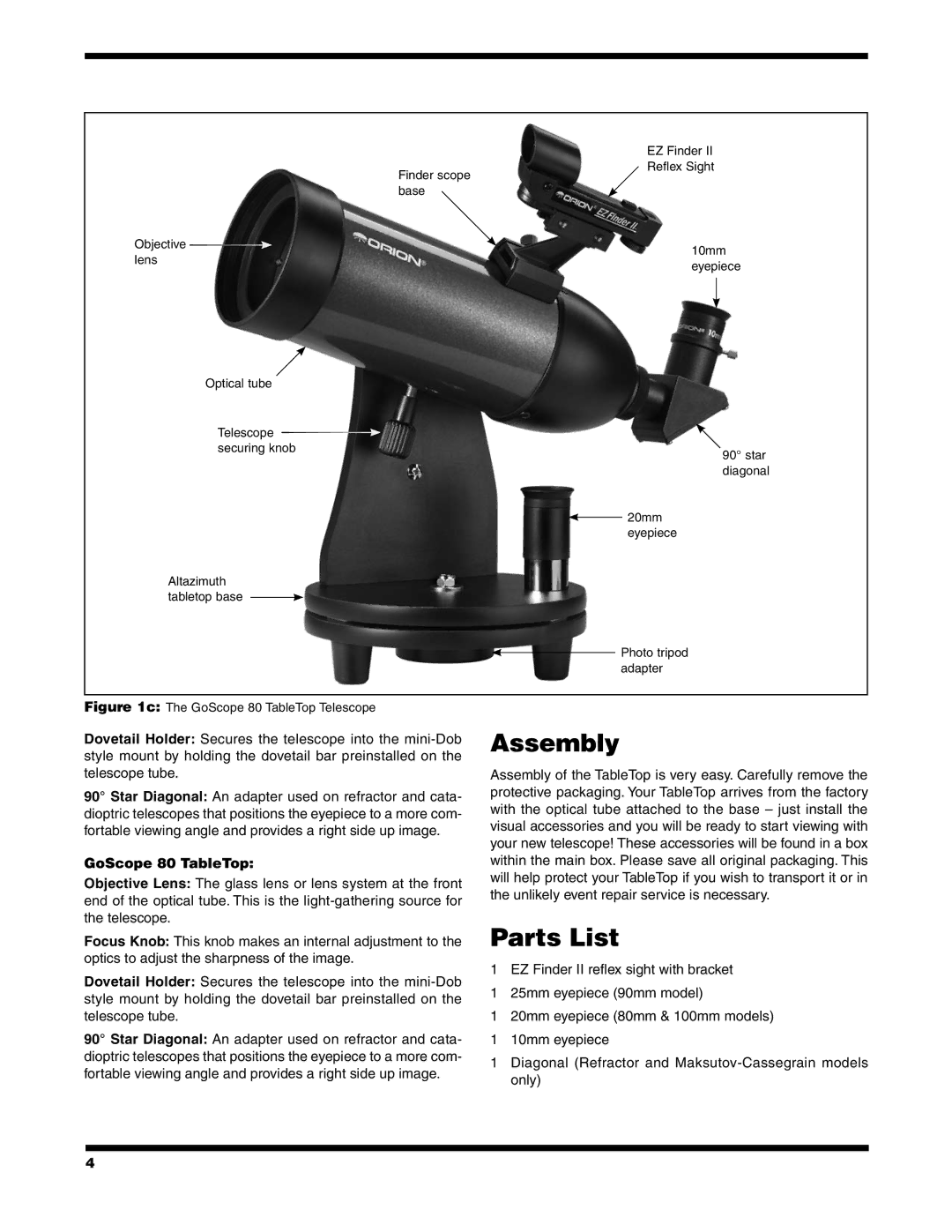 Orion 9541, 9549, 9909 instruction manual Assembly, Parts List, GoScope 80 TableTop 