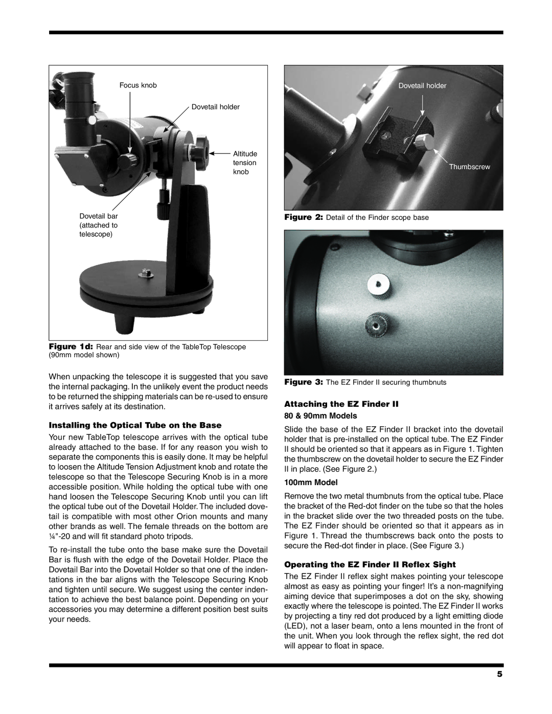 Orion 9909, 9549, 9541 Installing the Optical Tube on the Base, Attaching the EZ Finder 80 & 90mm Models, 100mm Model 