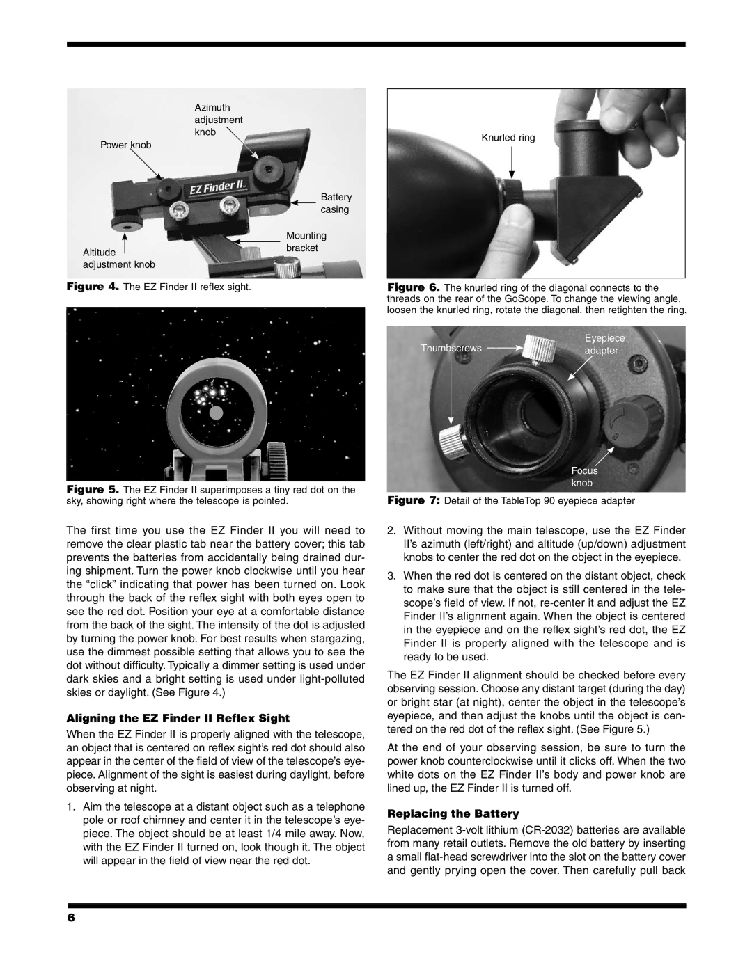 Orion 9549, 9541, 9909 instruction manual Aligning the EZ Finder II Reflex Sight, Replacing the Battery 