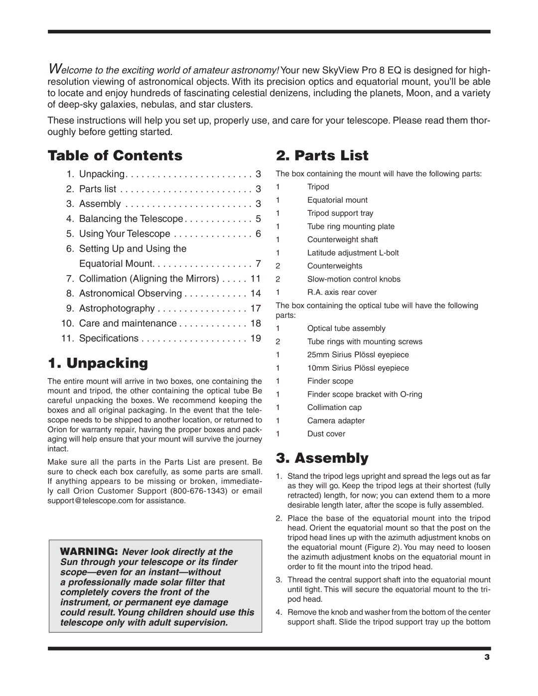 Orion 9738 instruction manual Table of Contents, Unpacking, Parts List, Assembly 