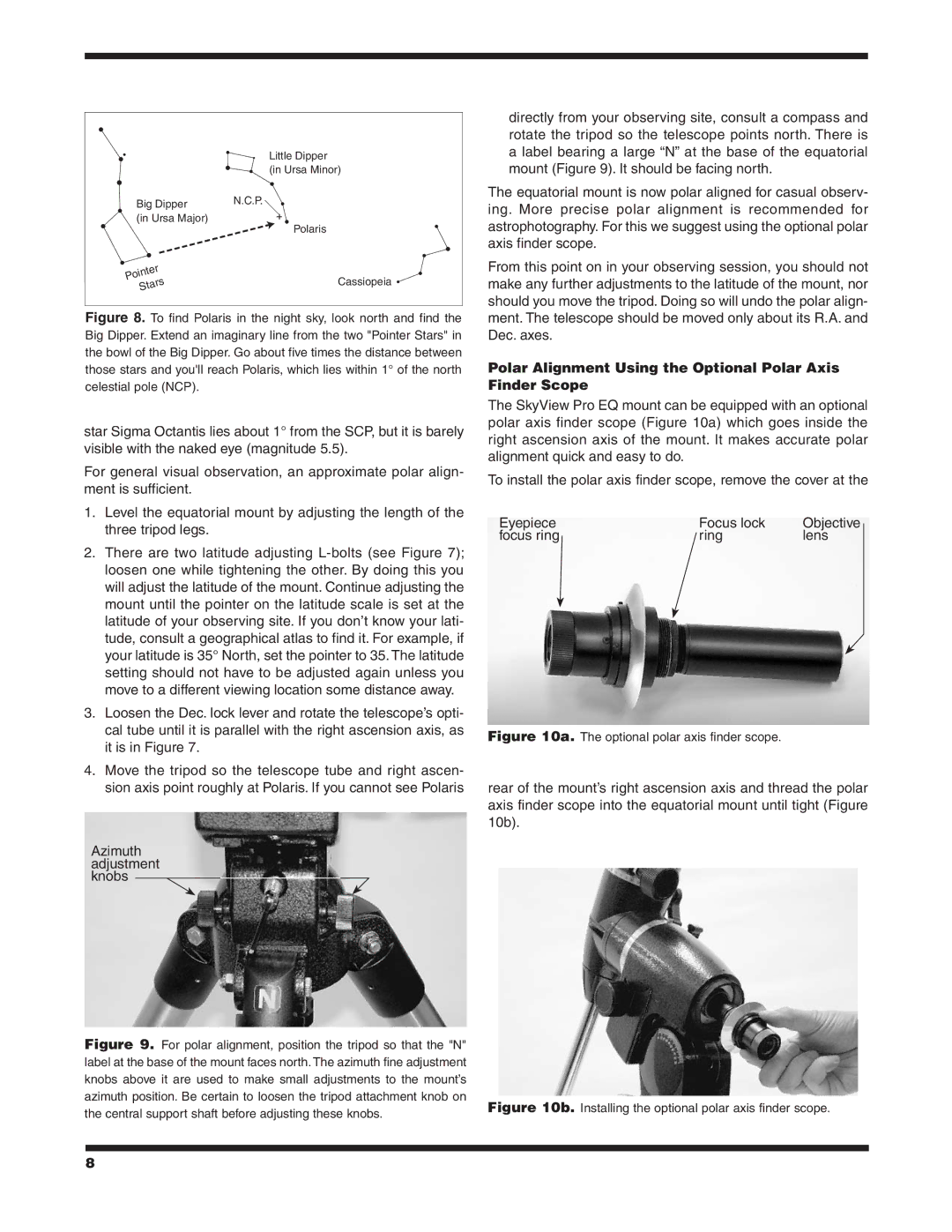 Orion 9738 instruction manual Polar Alignment Using the Optional Polar Axis Finder Scope, Optional polar axis finder scope 