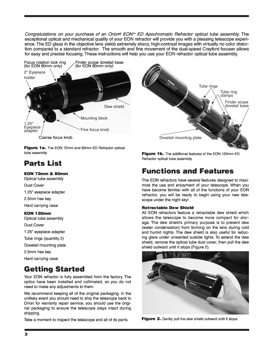 Orion 9925, 9781, 9927 Parts List, Getting Started, Functions and Features, EON 72mm & 80mm Optical tube assembly 