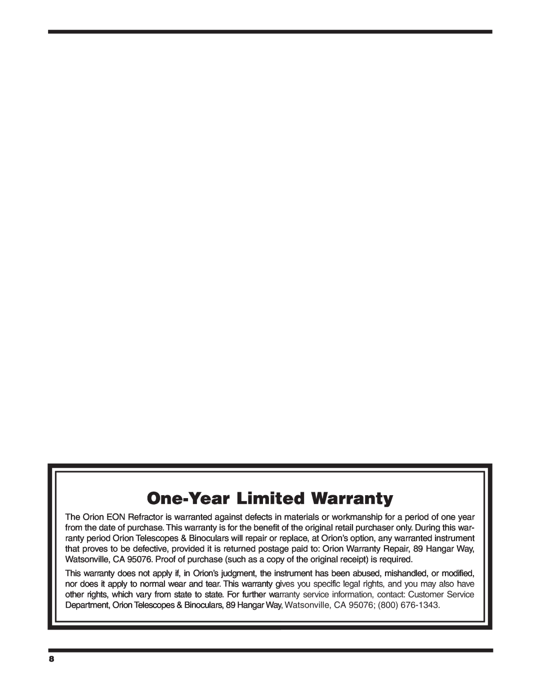 Orion 9925, 9781, 9927 instruction manual One-Year Limited Warranty 