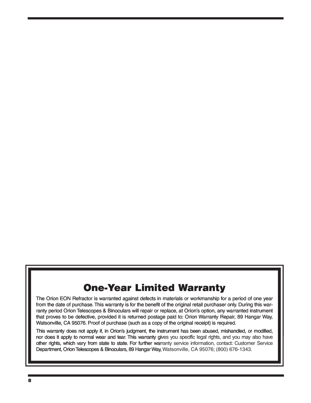 Orion #9781 EON 72MM instruction manual One-YearLimited Warranty 