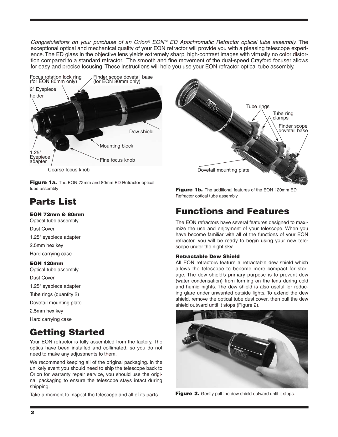 Orion #9781 EON 72MM instruction manual Parts List, Getting Started, Functions and Features 