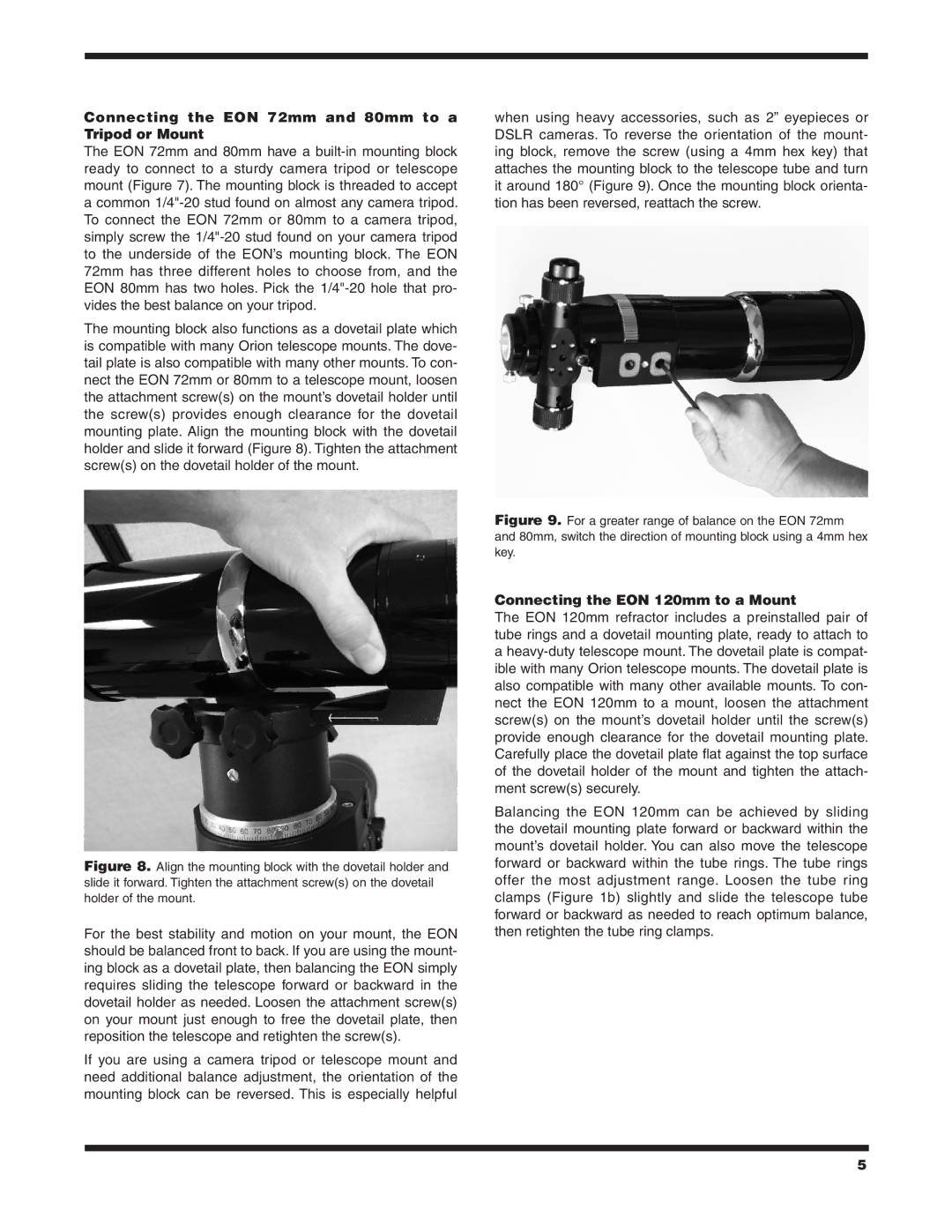 Orion #9781 EON 72MM Connecting the EON 72mm and 80mm to a Tripod or Mount, Connecting the EON 120mm to a Mount 