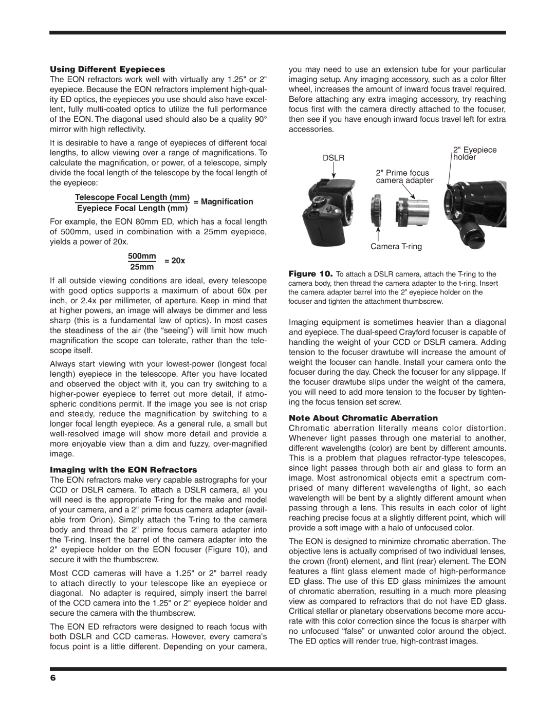 Orion #9781 EON 72MM instruction manual Using Different Eyepieces, 500mm = 20x 25mm, Imaging with the EON Refractors 