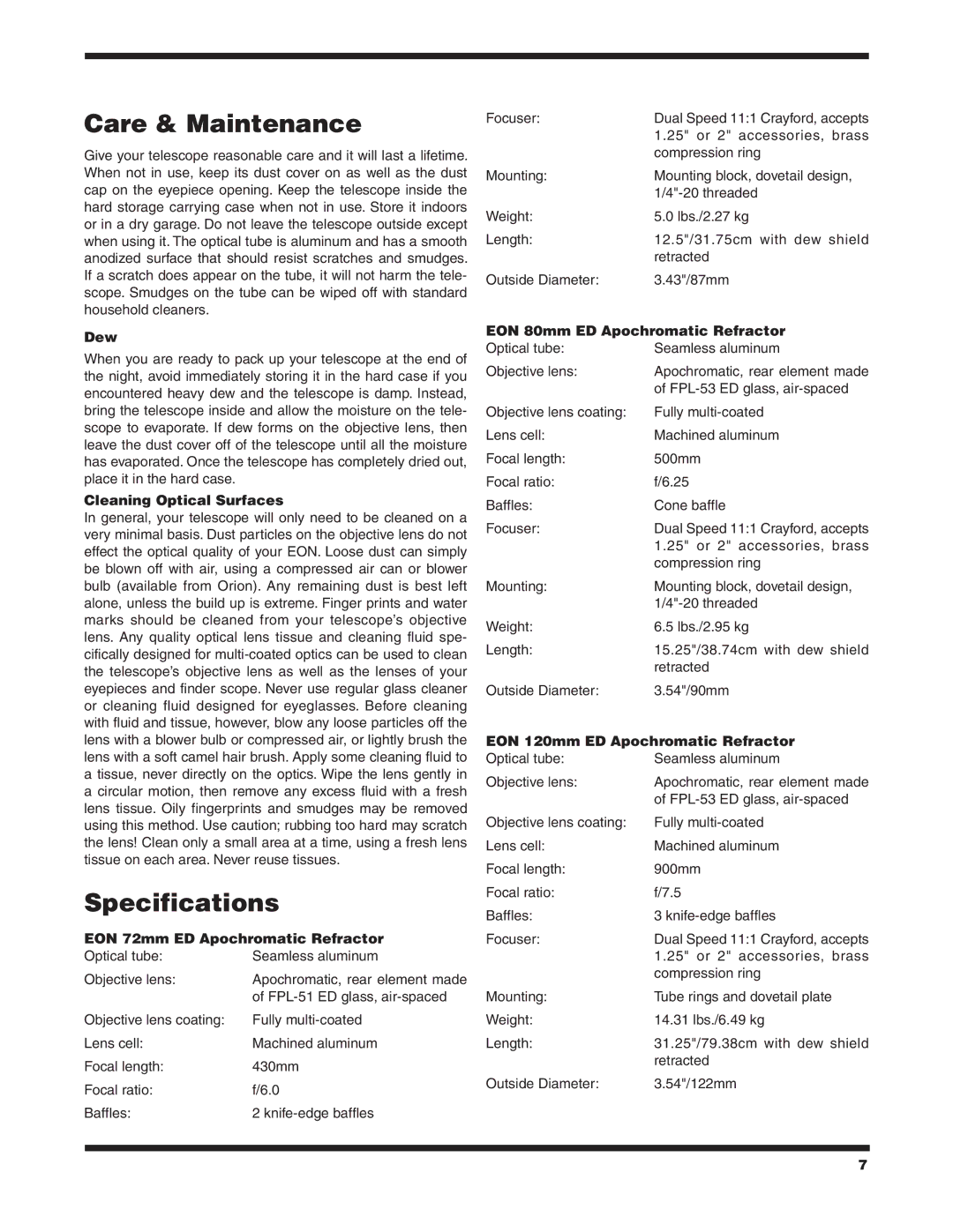 Orion #9781 EON 72MM instruction manual Care & Maintenance, Specifications 