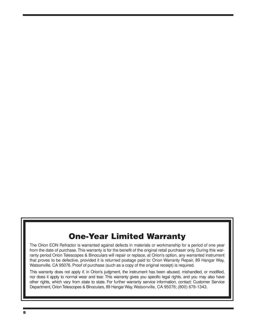 Orion #9781 EON 72MM instruction manual One-Year Limited Warranty 