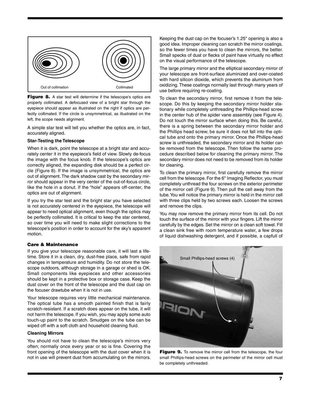 Orion 9786 instruction manual Star-Testing the Telescope, Care & Maintenance, Cleaning Mirrors 