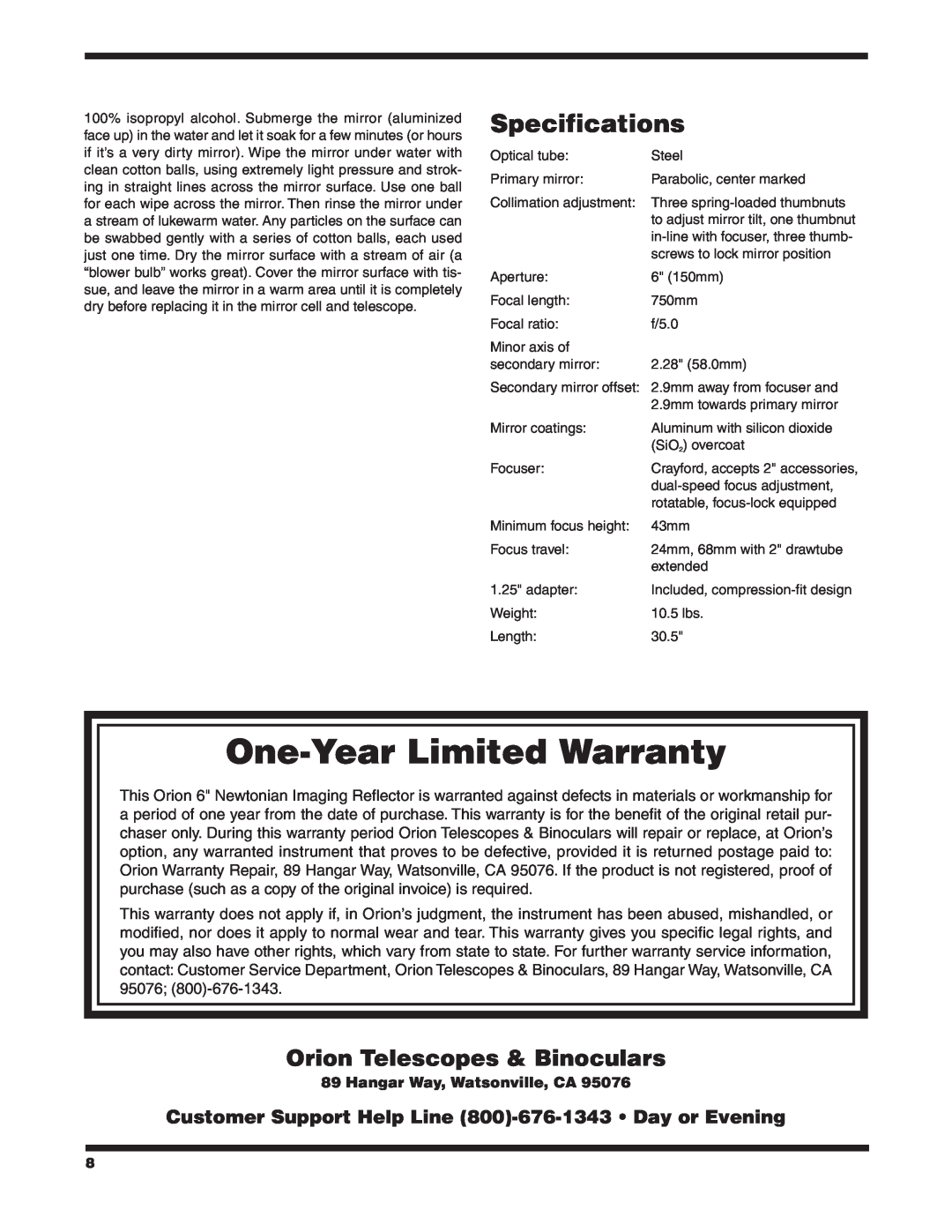 Orion 9786 Specifications, One-Year Limited Warranty, Orion Telescopes & Binoculars, Hangar Way, Watsonville, CA 