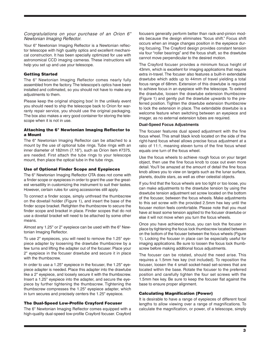 Orion 9786 Getting Started, Attaching the 6 Newtonian Imaging Reflector to a Mount, Dual-Speed Focus Adjustments 
