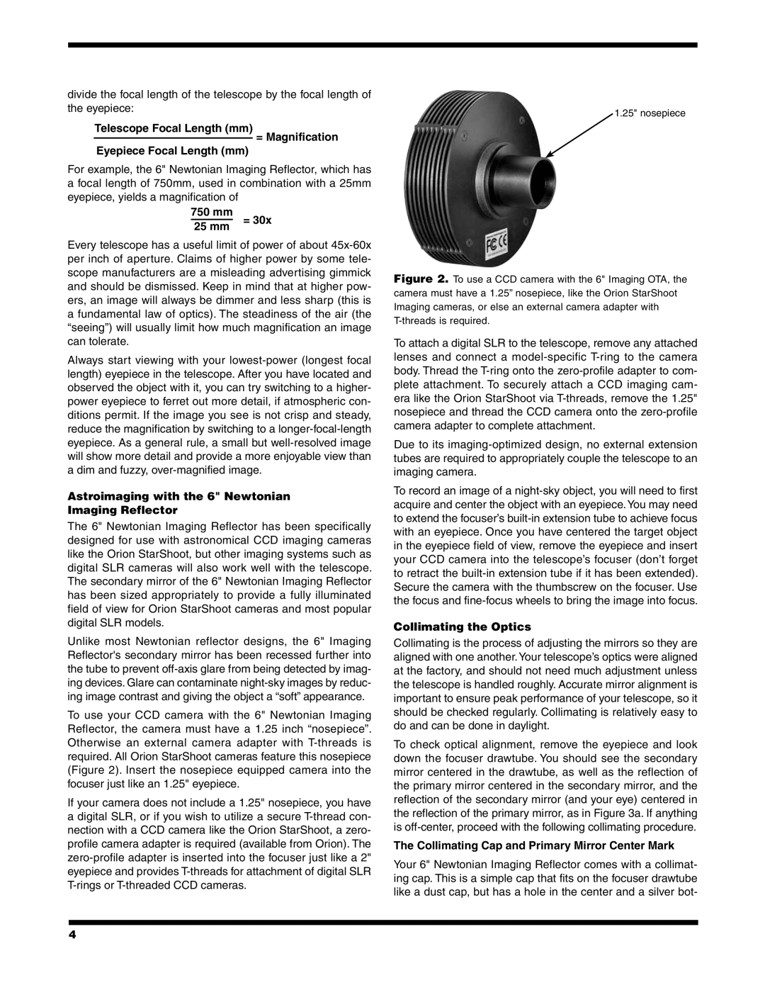 Orion 9786 instruction manual Astroimaging with the 6 Newtonian Imaging Reflector, Collimating the Optics 