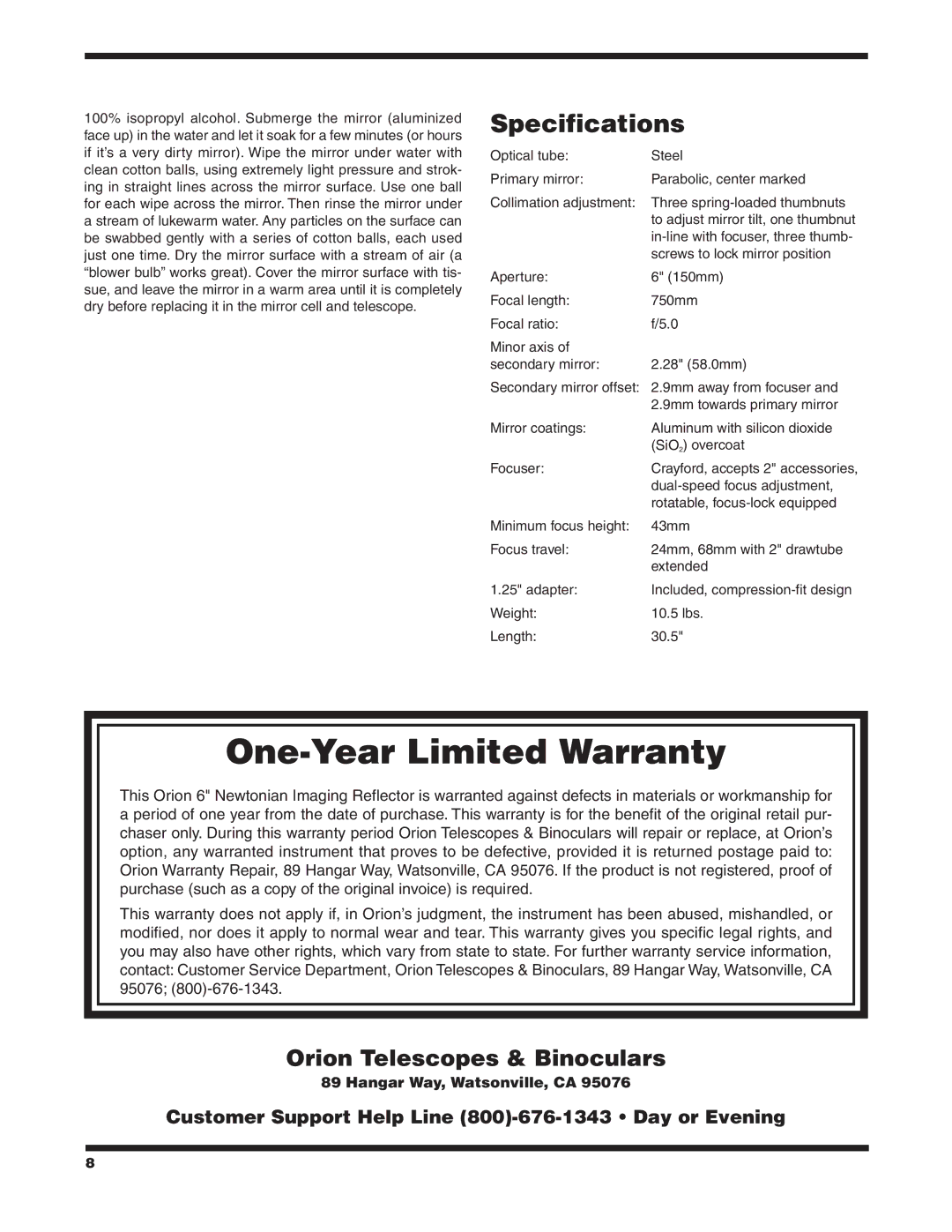 Orion 9786 instruction manual One-Year Limited Warranty, Specifications 