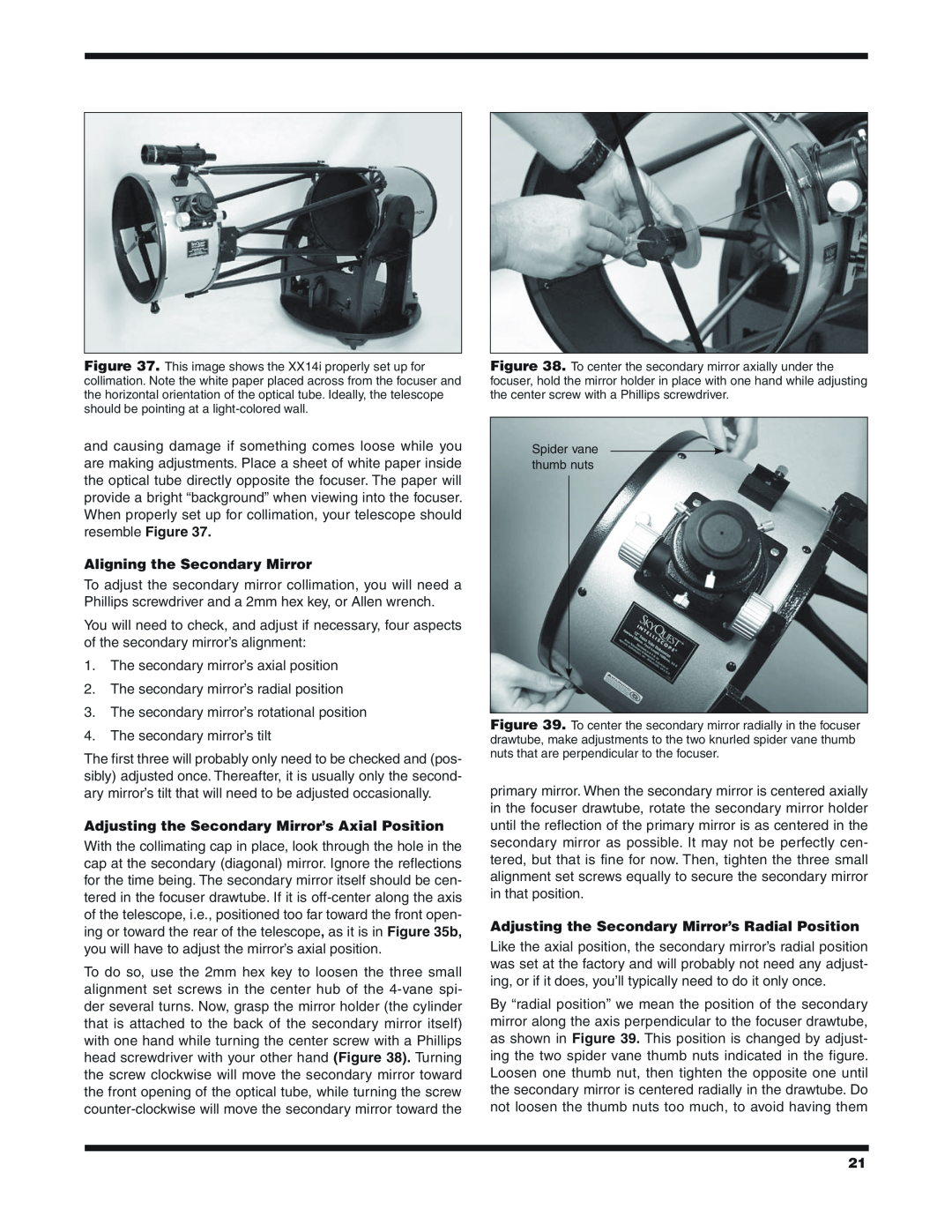 Orion 9791 instruction manual Aligning the Secondary Mirror, Adjusting the Secondary Mirror’s Axial Position 