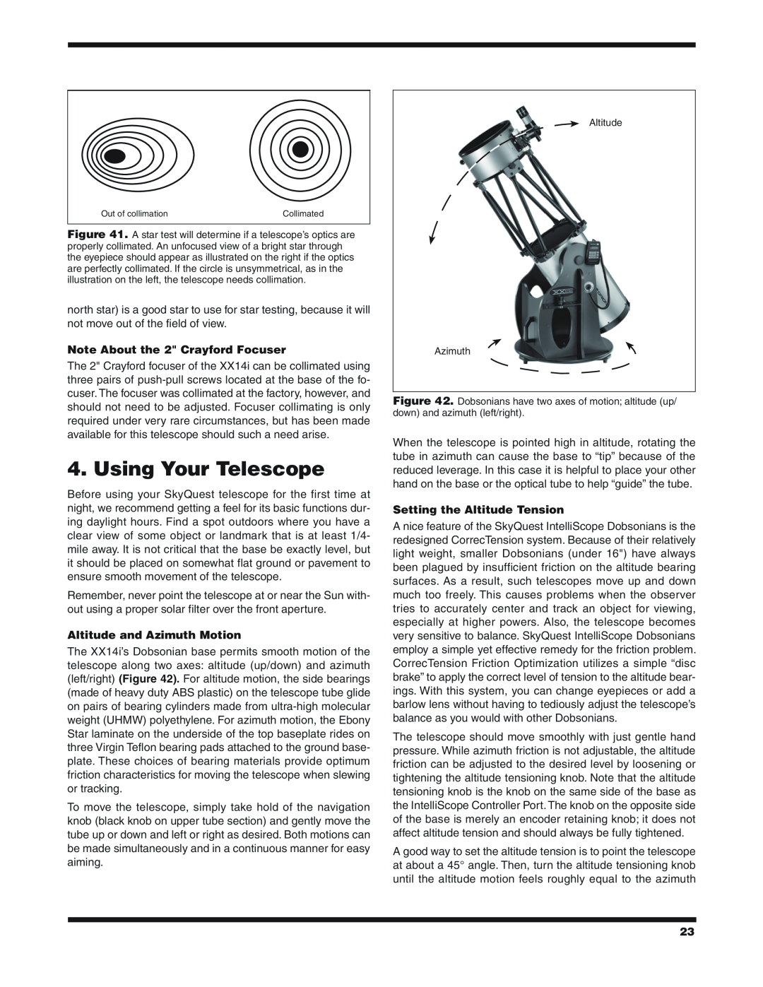 Orion 9791 instruction manual Using Your Telescope, Note About the 2 Crayford Focuser, Altitude and Azimuth Motion 