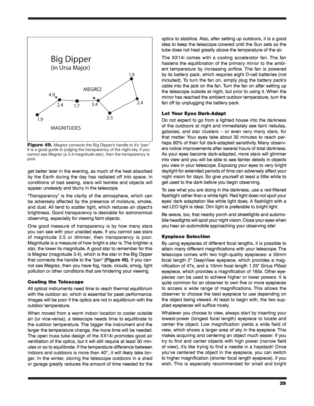 Orion 9791 instruction manual Cooling the Telescope, Let Your Eyes Dark-Adapt, Eyepiece Selection 