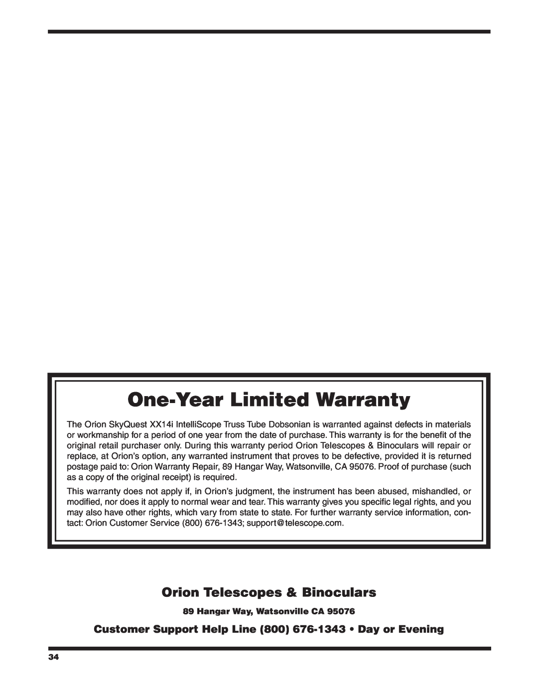 Orion 9791 instruction manual Orion Telescopes & Binoculars, One-Year Limited Warranty, Hangar Way, Watsonville CA 