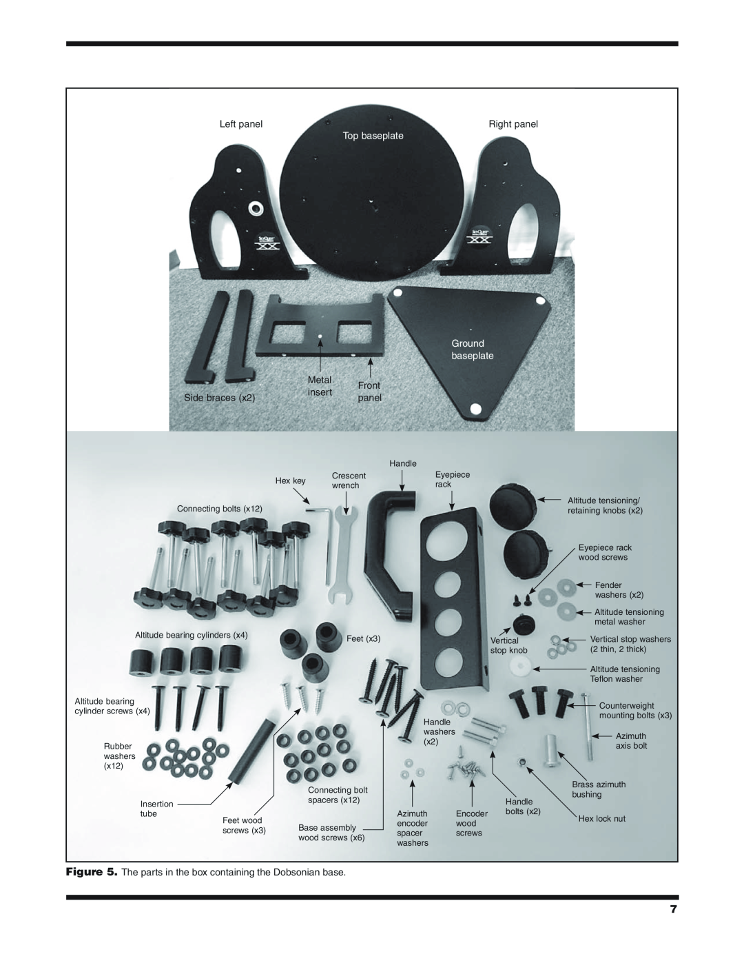 Orion 9791 instruction manual Left panel, Right panel, Top baseplate, Ground baseplate, Metal, Front, insert, Side braces 