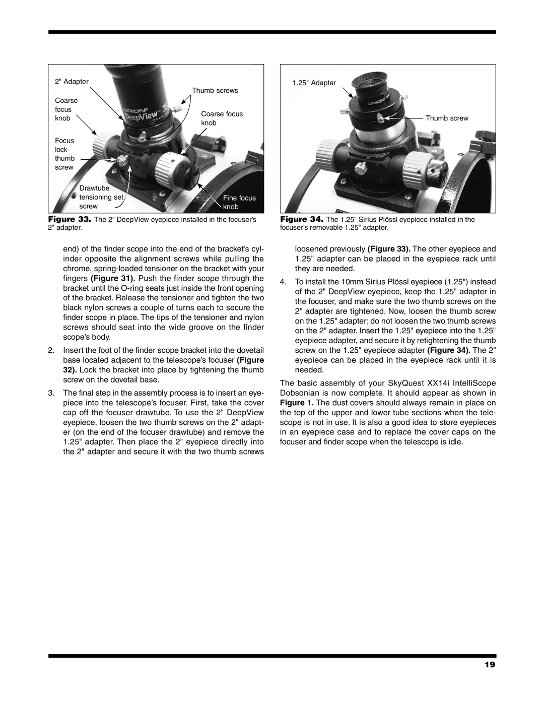 Orion 9791 instruction manual Adapter Thumb screws Coarse Focus 