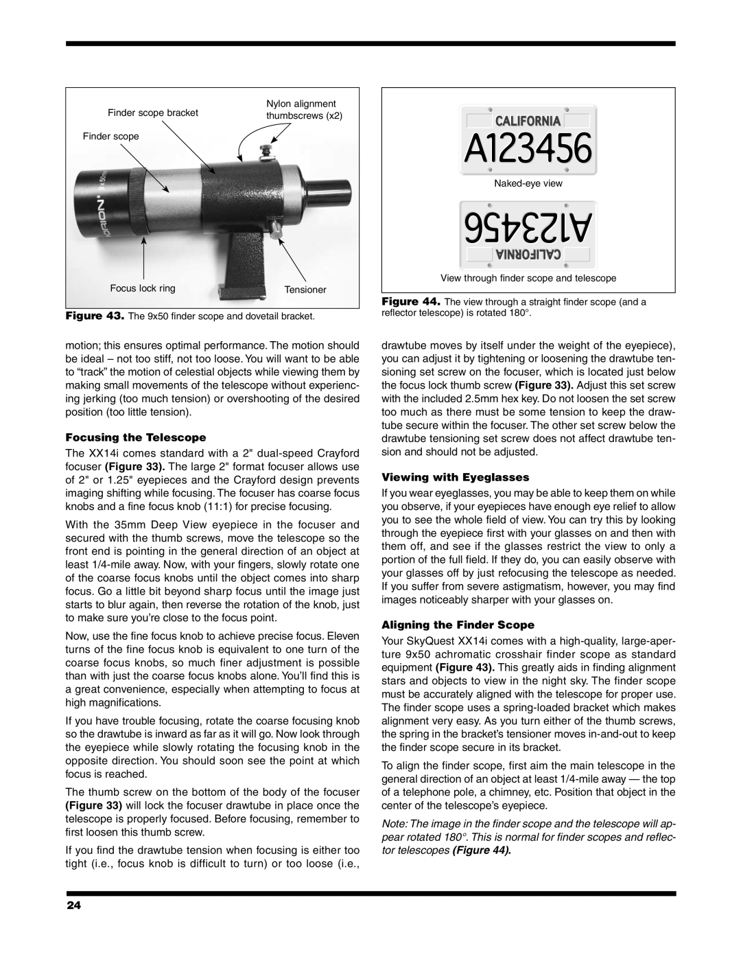 Orion 9791 instruction manual Focusing the Telescope, Viewing with Eyeglasses, Aligning the Finder Scope 