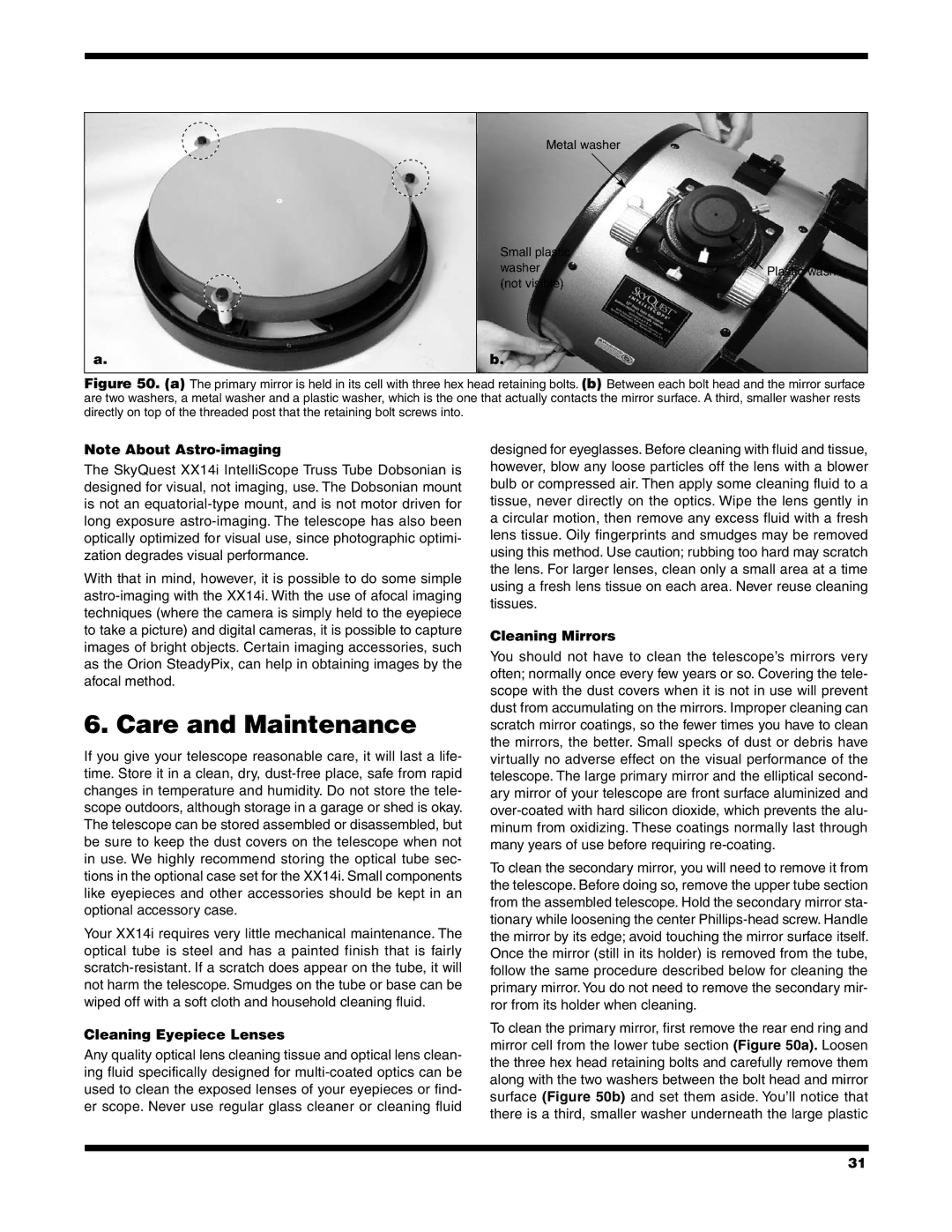 Orion 9791 instruction manual Care and Maintenance, Cleaning Eyepiece Lenses, Cleaning Mirrors 