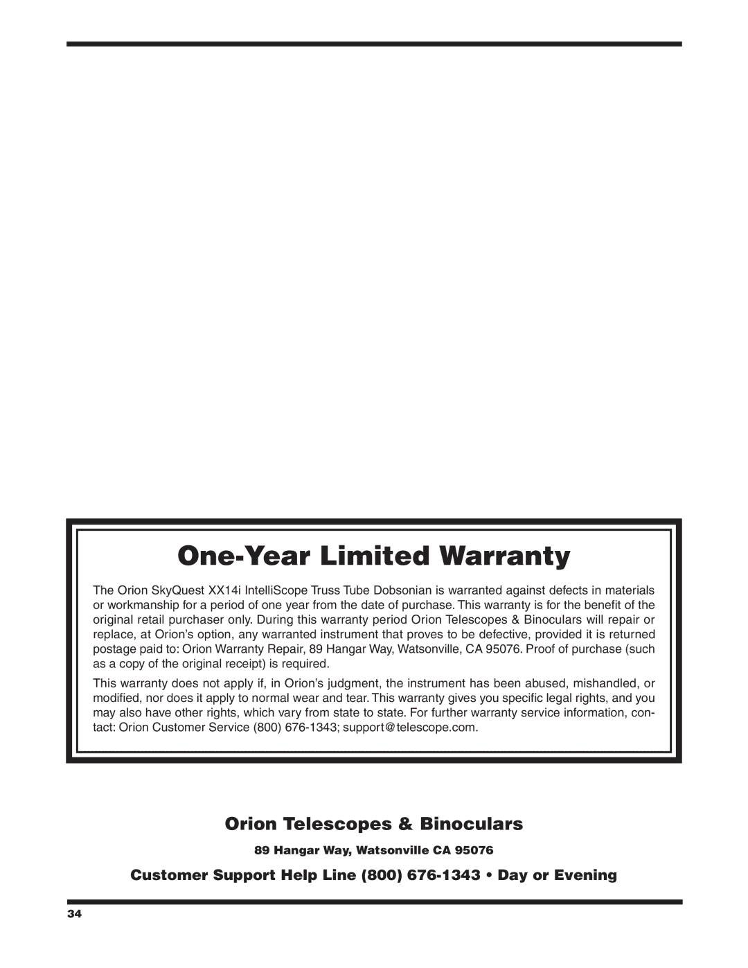 Orion 9791 instruction manual One-Year Limited Warranty 