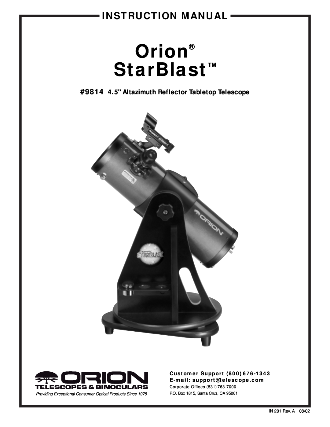 Orion instruction manual #9814 4.5 Altazimuth Reflector Tabletop Telescope, Orion StarBlast, Customer Support 