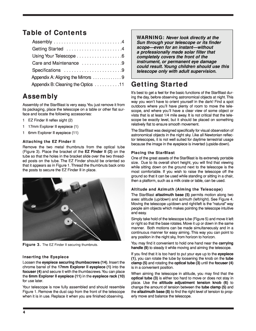 Orion 9814 instruction manual Table of Contents, Assembly, Getting Started, Specifications, Appendix B Cleaning the Optics 