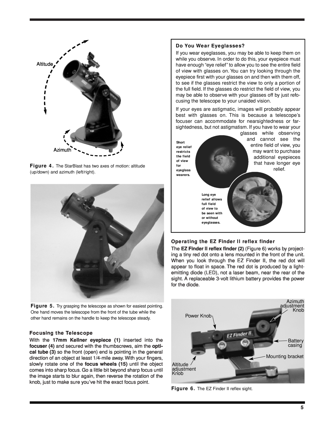 Orion 9814 instruction manual Do You Wear Eyeglasses?, Focusing the Telescope, Operating the EZ Finder II reflex finder 