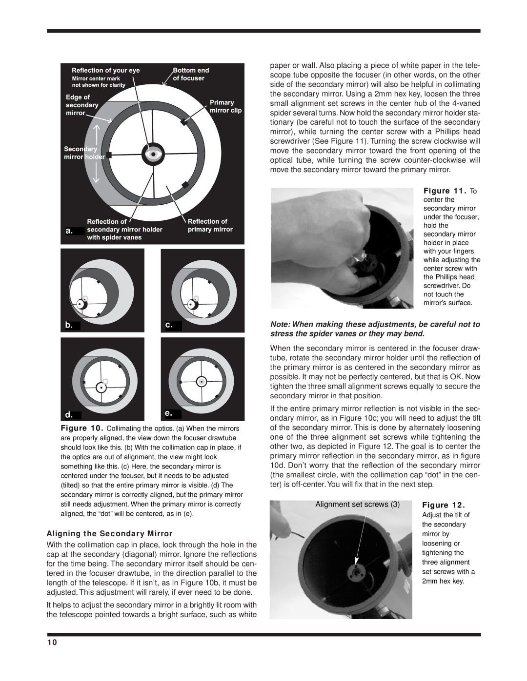 Orion 9814 instruction manual Aligning the Secondary Mirror 