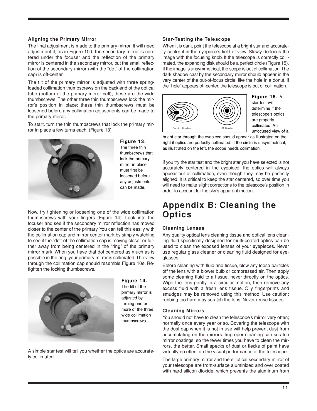 Orion 9814 Appendix B Cleaning the Optics, Aligning the Primary Mirror, Star-Testing the Telescope, Cleaning Lenses 