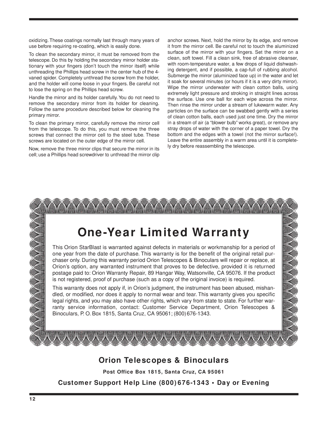 Orion 9814 instruction manual One-Year Limited Warranty 