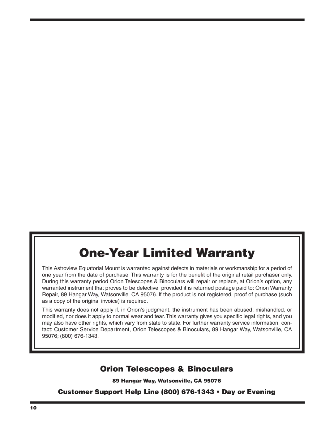 Orion 9822 instruction manual One-Year Limited Warranty 