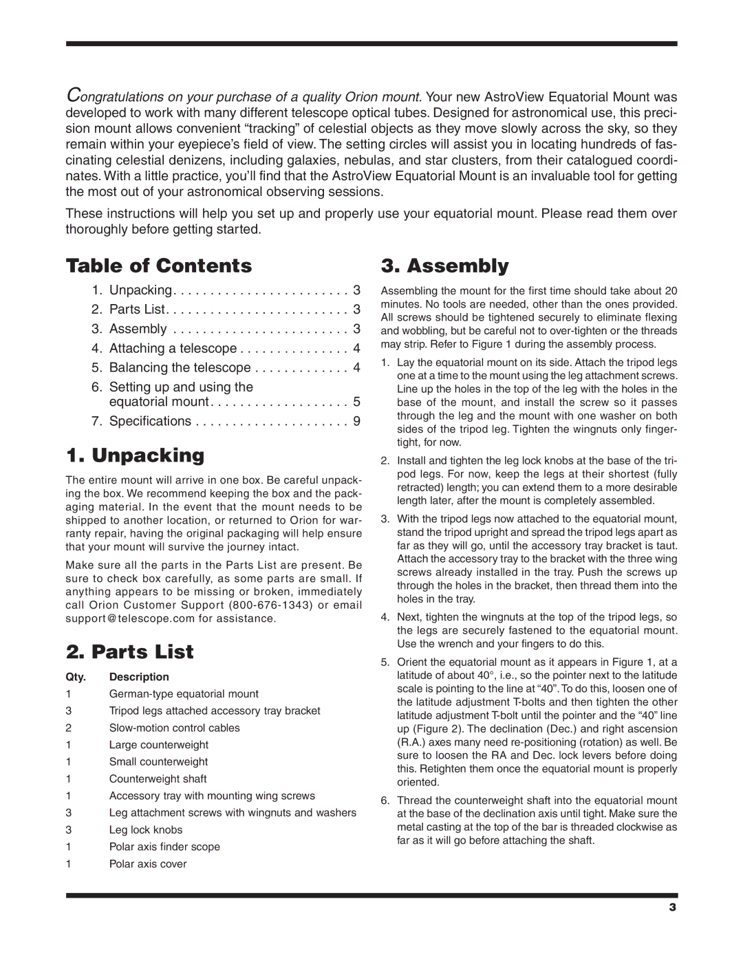 Orion 9822 instruction manual Table of Contents, Unpacking, Parts List, Assembly 