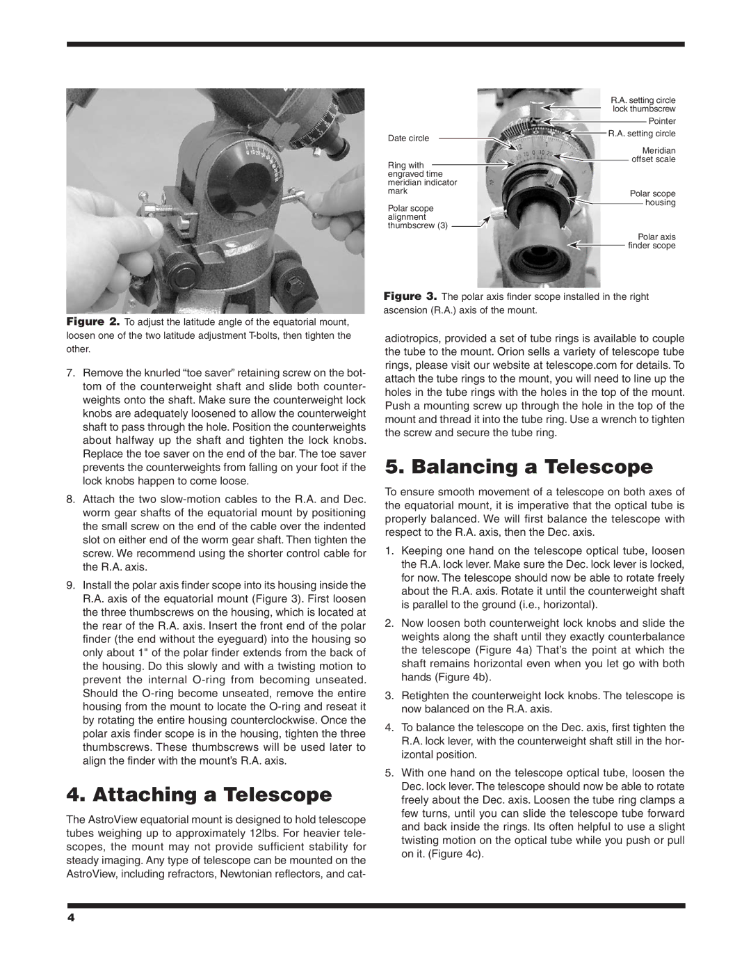 Orion 9822 instruction manual Attaching a Telescope, Balancing a Telescope 