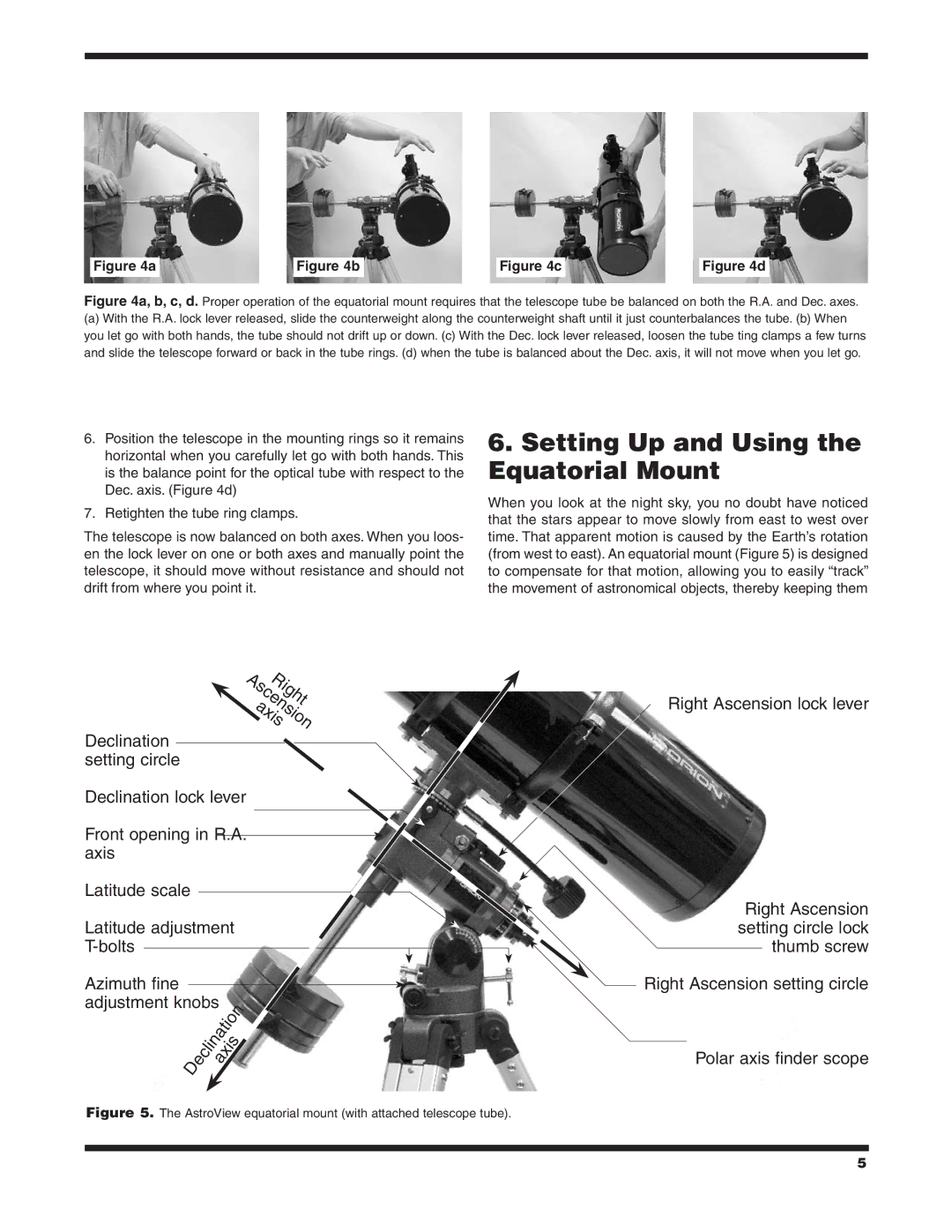 Orion 9822 Setting Up and Using the Equatorial Mount, AstroView equatorial mount with attached telescope tube 