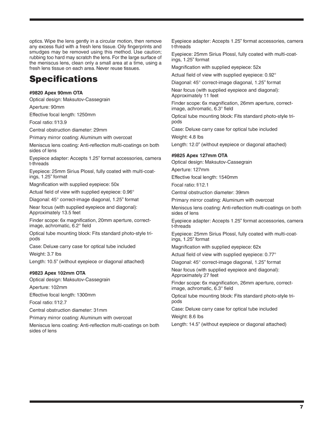 Orion instruction manual #9820 Apex 90mm OTA, #9823 Apex 102mm OTA, #9825 Apex 127mm OTA 