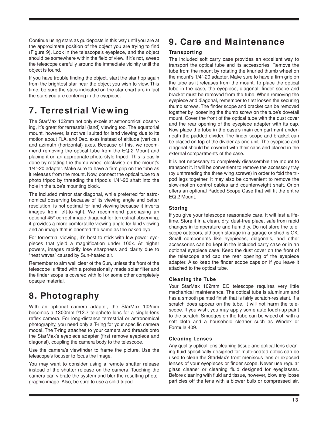 Orion 9824 instruction manual Terrestrial Viewing, Photography, Care and Maintenance 