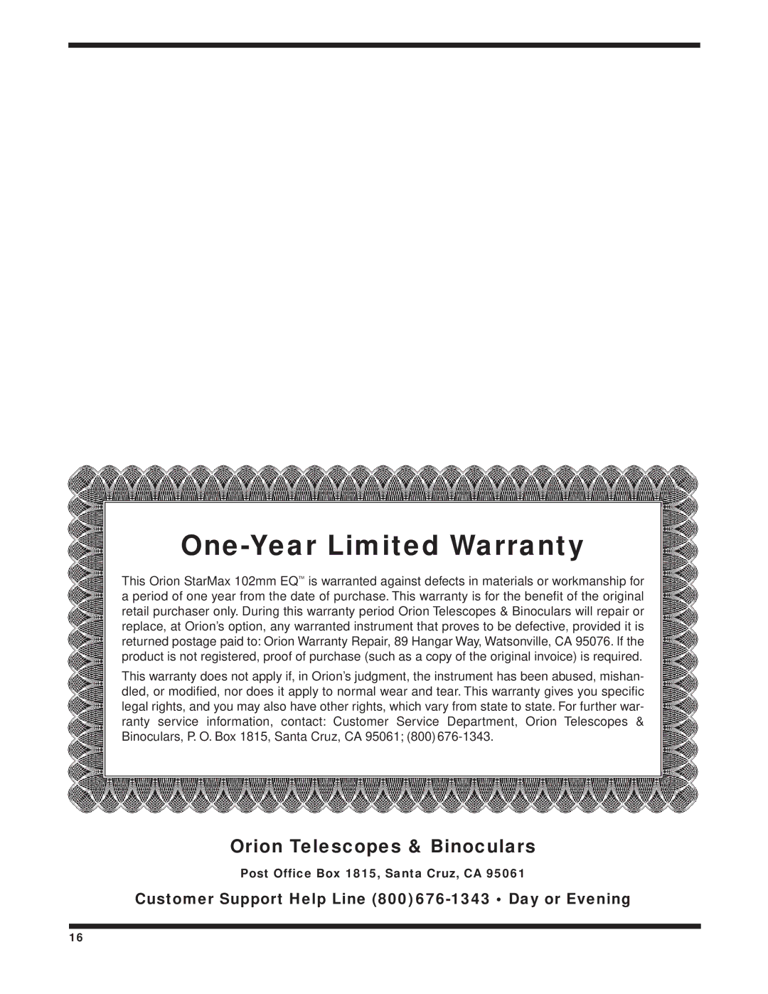 Orion 9824 instruction manual One-Year Limited Warranty 