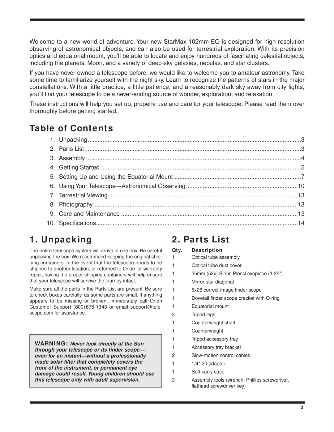 Orion 9824 instruction manual Table of Contents, Unpacking, Parts List 